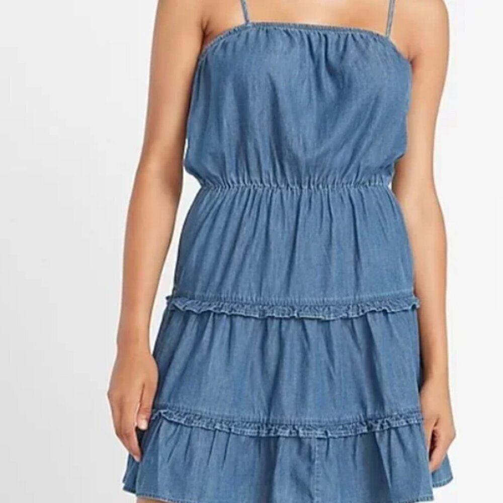 Express Denim Chambray Square Neck Tiered Mini Dress Women’s Size Medium Western